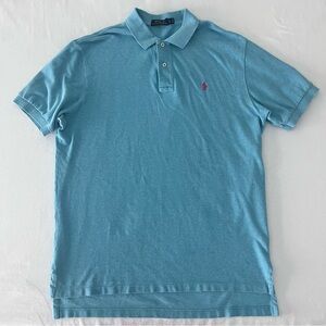 RALPH LAUREN Men Polo Blue Teal 100% Cotton Pink Pony Logo Classic Shirt size L